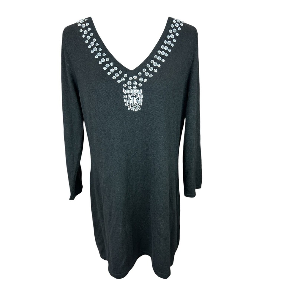 Iman Rhinestone Sweater Med Black Cashmere Blend Holiday Party NYE Glam Goth